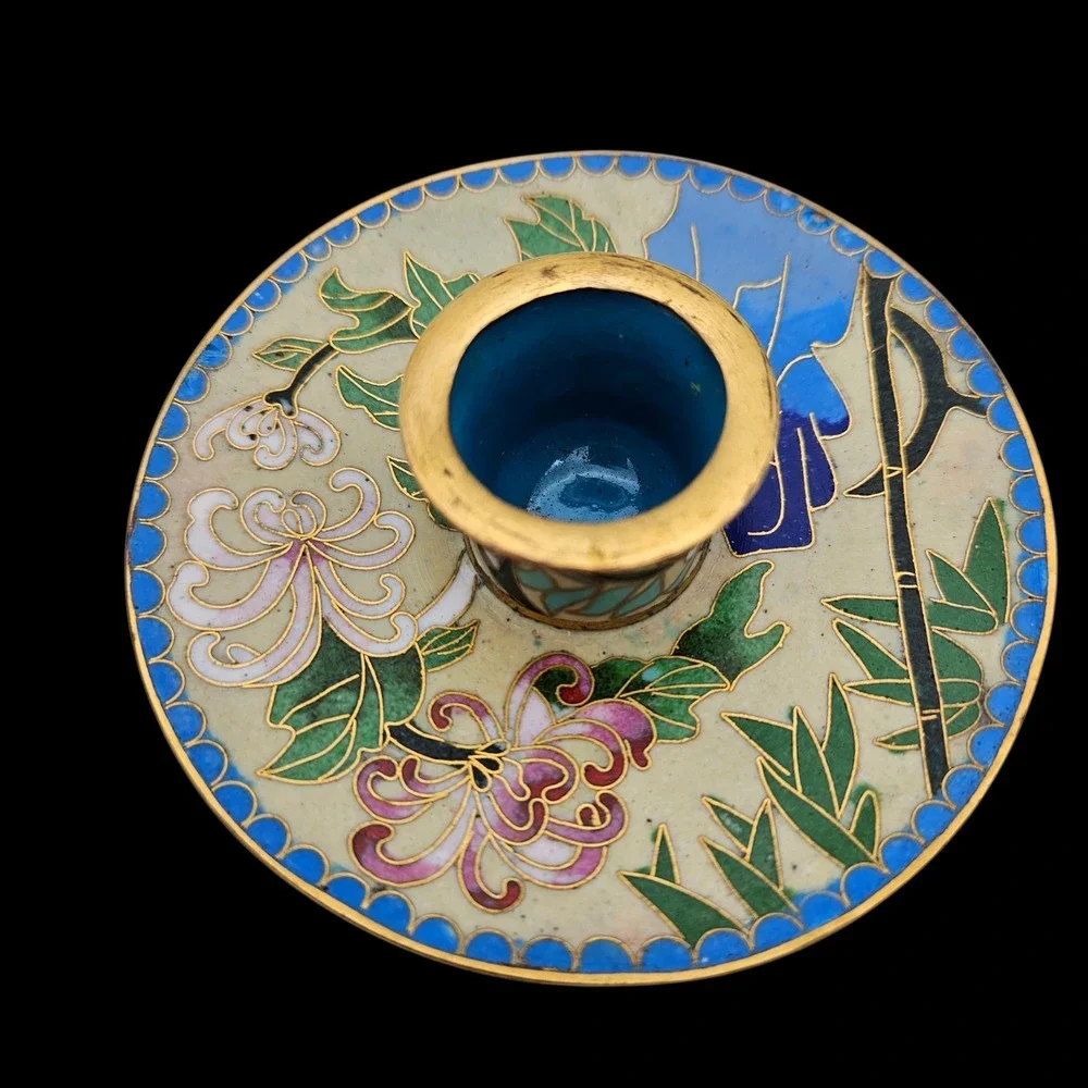 Pair of VTG Chinese Cloisonne & Brass Floral Fish Scale Taper Candle Holders 2
